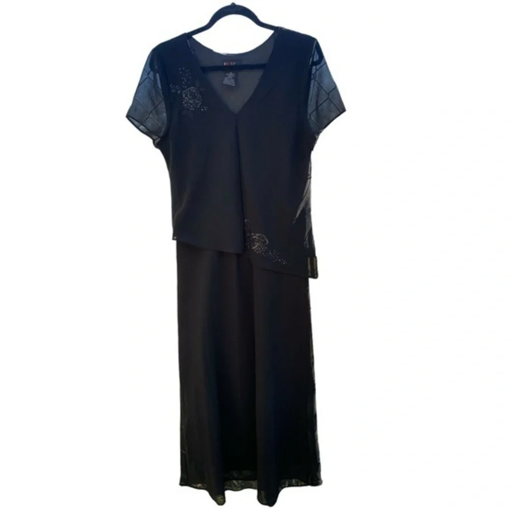 R & K Originals Black Chiffon Dress Sz 12 Short Sleeve Round Neck Sequin Accent - Picture 2 of 12